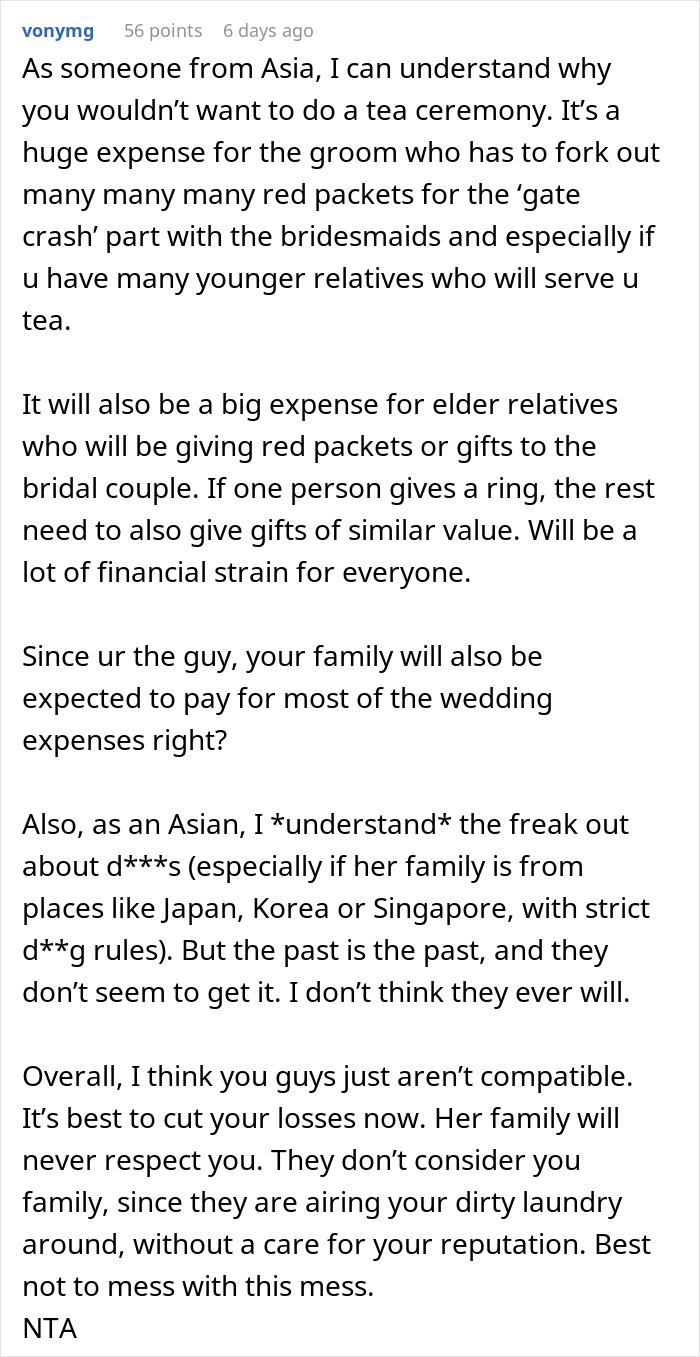 Commenter explains financial strain and cultural challenges faced by a man whose fiancée’s family digs up his dirt before wedding. Commenter explains financial strain and cultural challenges faced by a man whose fiancée’s family digs up his dirt before wedding.