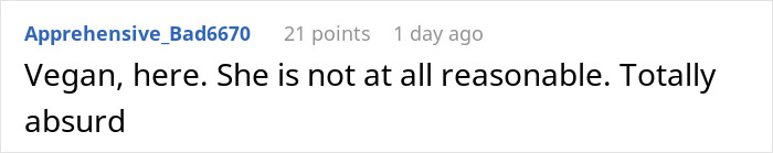 Screenshot of a forum comment discussing a person refusing to follow roommate’s strict vegan rules in a shared kitchen. Screenshot of a forum comment discussing a person refusing to follow roommate’s strict vegan rules in a shared kitchen.