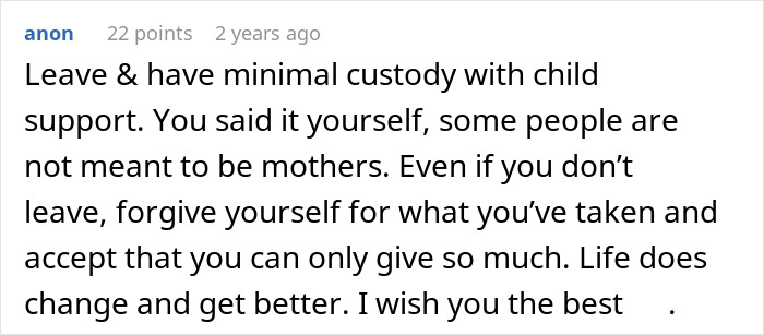 Screenshot of an online comment advising a mom to leave with minimal custody while reflecting on motherhood and challenges.