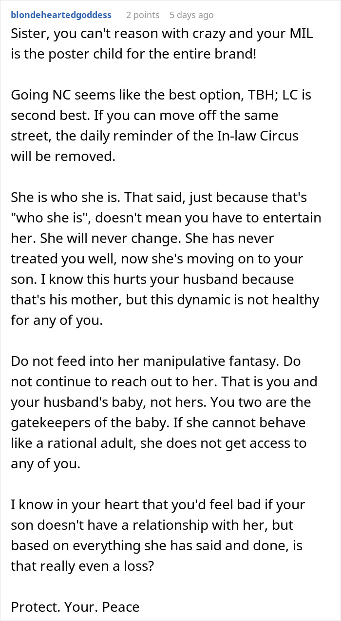 Text comments discussing a MIL declaring evil has moved into the family after premature birth and refusing to believe it.