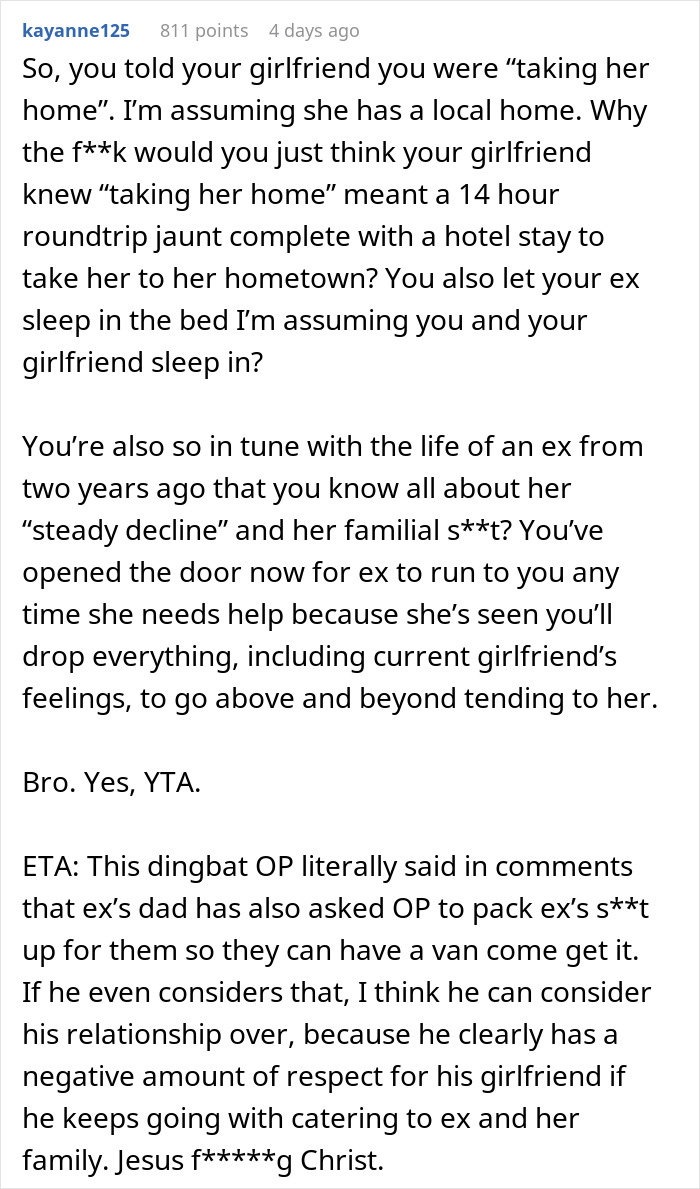 Screenshot of a Reddit comment criticising a guy for going above and beyond for his ex, upsetting his current partner. Screenshot of a Reddit comment criticising a guy for going above and beyond for his ex, upsetting his current partner.