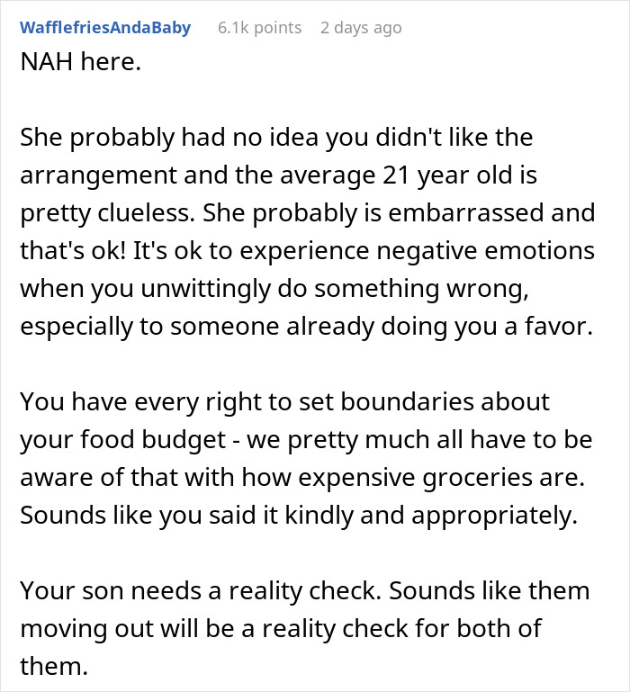 Comment discussing mom accused of embarrassing son's girlfriend who offered to cook meals and boundary setting. Comment discussing mom accused of embarrassing son's girlfriend who offered to cook meals and boundary setting.