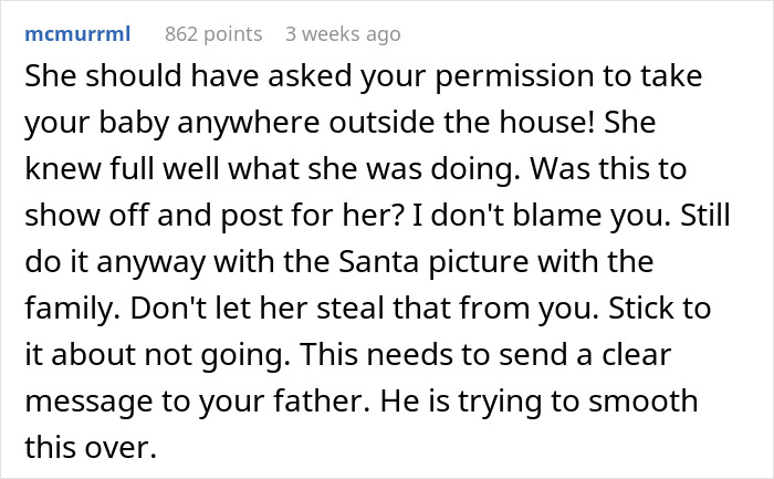 Text conversation discussing a step-grandma sneaking a baby to see Santa and losing babysitting privileges forever. Text conversation discussing a step-grandma sneaking a baby to see Santa and losing babysitting privileges forever.
