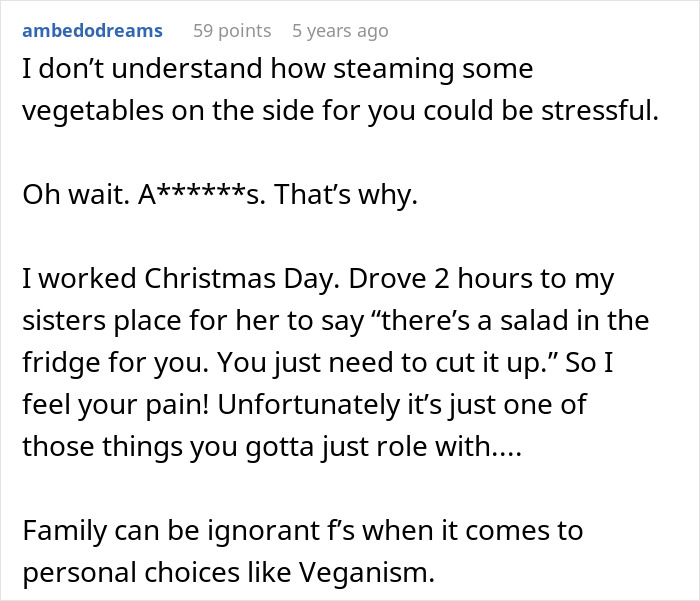 Screenshot of a forum post discussing frustration with no vegan options Christmas Eve dinner and family misunderstanding veganism. Screenshot of a forum post discussing frustration with no vegan options Christmas Eve dinner and family misunderstanding veganism.
