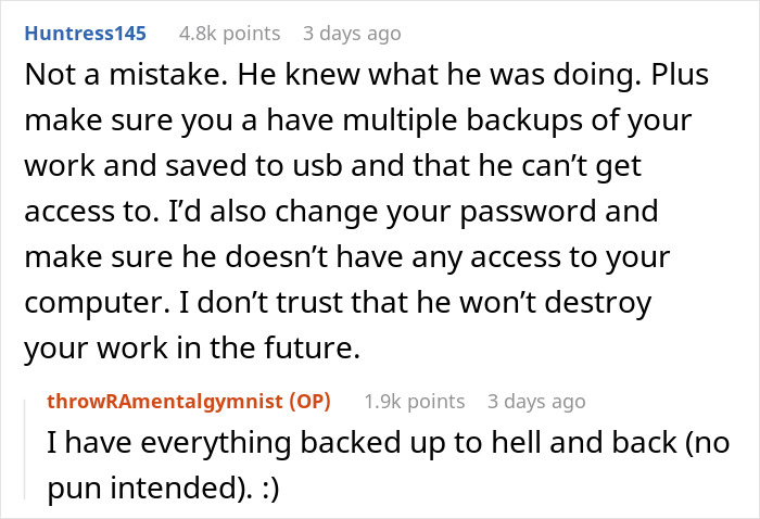 Reddit user advises woman to secure her novel with backups and change passwords after boyfriend called police over its contents.
