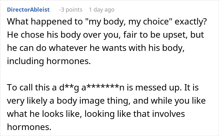 Text comment discussing body choice and hormones in a debate about risking future child's health after exposing a husband's lie.
