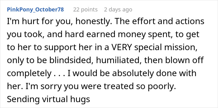 Screenshot of an online comment expressing sympathy about a painful wedding dress shopping trip and friendship wake-up call.