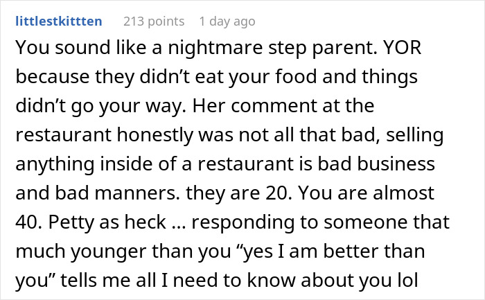 Reddit comment criticizing a woman who bends over backwards for boyfriend’s son and his girlfriend but feels disrespected by them.