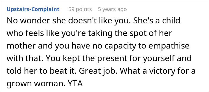 Comment discussing a 13-year-old’s conflict with dad’s girlfriend and regret over not accepting her gift. Comment discussing a 13-year-old’s conflict with dad’s girlfriend and regret over not accepting her gift.