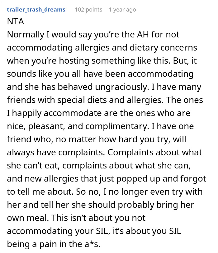 Reddit comment discussing family conflict over accommodating allergies and expectations from a difficult relative. Reddit comment discussing family conflict over accommodating allergies and expectations from a difficult relative.