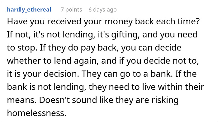 Reddit comment advising about lending money to brother and wife, family dispute over repayment.