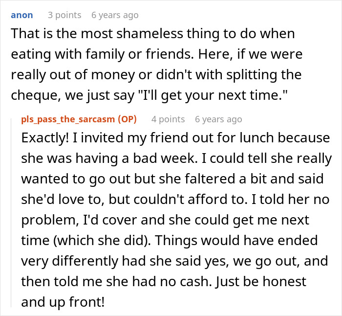 Conversation about brother makes bil pay dinner, discussing honesty and splitting the bill when dining with family or friends.
