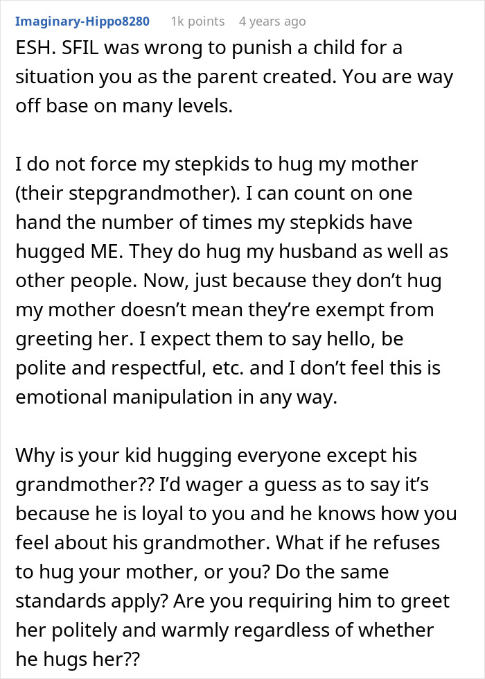 Reddit comment discussing step-grandpa banned for denying candy after 7-year-old refuses hug from granny. Reddit comment discussing step-grandpa banned for denying candy after 7-year-old refuses hug from granny.