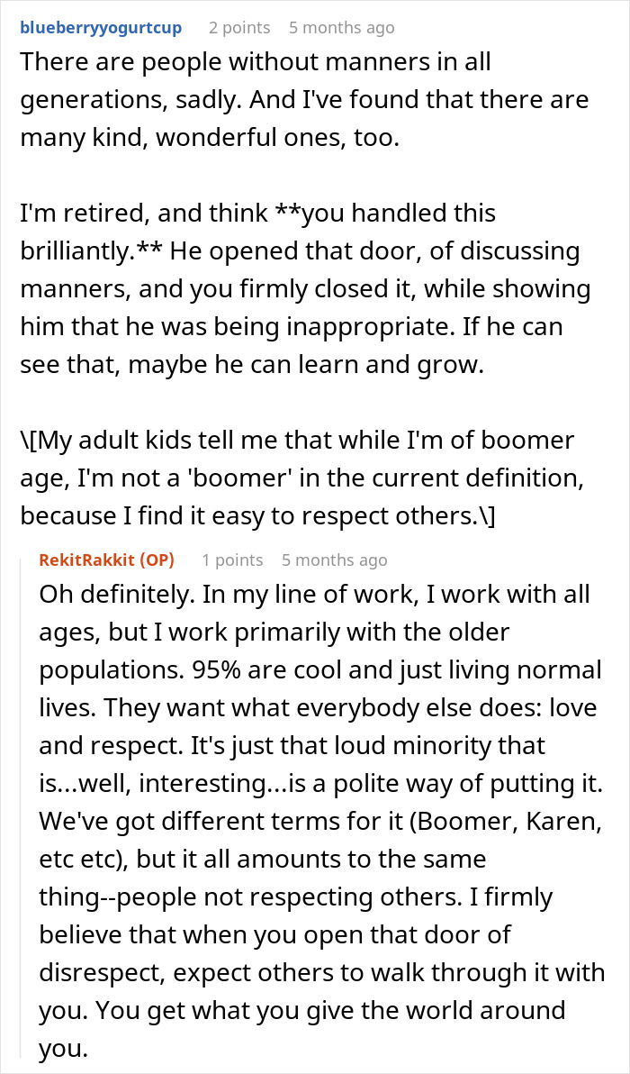 Conversation text showing an older man in Goodwill store bashing younger generations, with a woman shutting him down.