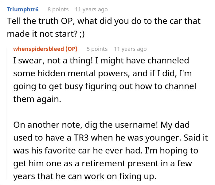 Screenshot of an online conversation discussing a car that won't start, highlighting rude guy blocking fire hydrant and driveway. Screenshot of an online conversation discussing a car that won't start, highlighting rude guy blocking fire hydrant and driveway.