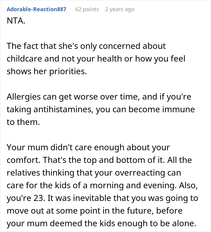 Comment discussing family conflict and childcare issues after 23 year old moves out, causing family tension. Comment discussing family conflict and childcare issues after 23 year old moves out, causing family tension.