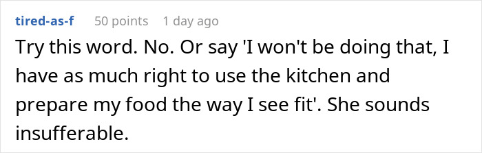Screenshot of an online comment discussing refusing to follow roommate’s strict vegan rules in shared kitchen conflict. Screenshot of an online comment discussing refusing to follow roommate’s strict vegan rules in shared kitchen conflict.