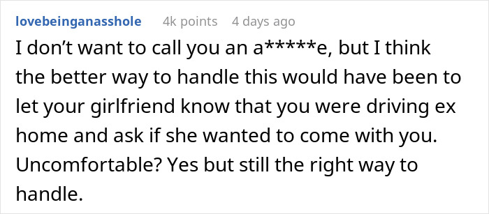 Comment discussing a guy going above and beyond for his ex girlfriend and the current partner feeling upset. Comment discussing a guy going above and beyond for his ex girlfriend and the current partner feeling upset.