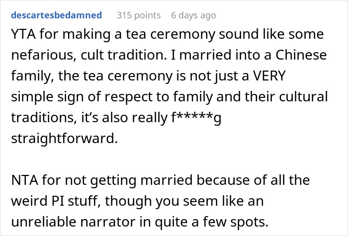 Comment discussing a man considering canceling wedding after fiancée’s family hires a PI to find dirt on him. Comment discussing a man considering canceling wedding after fiancée’s family hires a PI to find dirt on him.