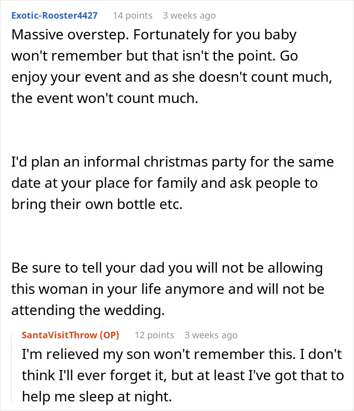 Comment thread screenshot discussing a step-grandma sneaking a baby to Santa and losing babysitting privileges. Comment thread screenshot discussing a step-grandma sneaking a baby to Santa and losing babysitting privileges.
