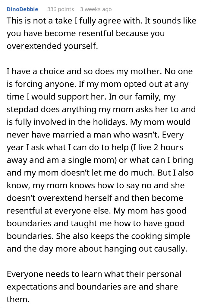 Commenter discussing feminism and holiday labor, emphasizing moms setting boundaries and sharing family responsibilities. Commenter discussing feminism and holiday labor, emphasizing moms setting boundaries and sharing family responsibilities.