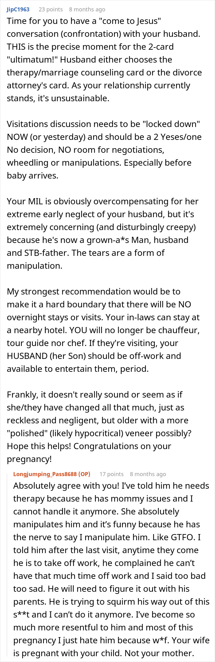 Text discussion about husband not standing up to mother and wife considering walking away due to manipulation and setting boundaries.