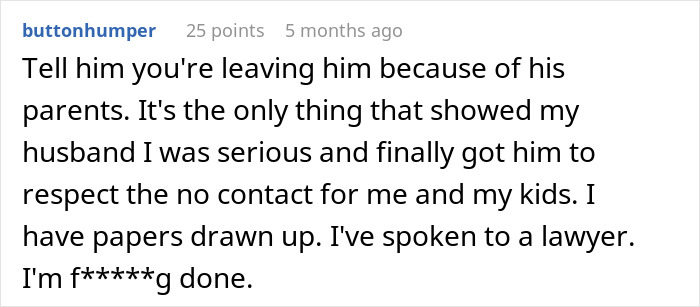 Screenshot of a Reddit comment where a wife threatens to leave her husband over his lack of boundaries with his mother.