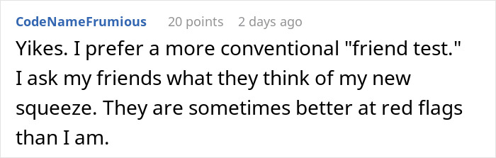 Screenshot of an online comment about an immature guy and his friends testing his new girlfriend and past behavior.