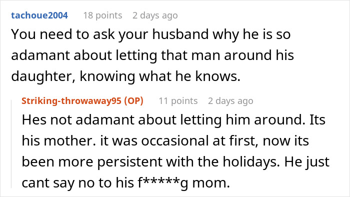 Screenshot of a social media discussion about banning MIL’s creepy husband and marriage issues related to persistent family visits. Screenshot of a social media discussion about banning MIL’s creepy husband and marriage issues related to persistent family visits.