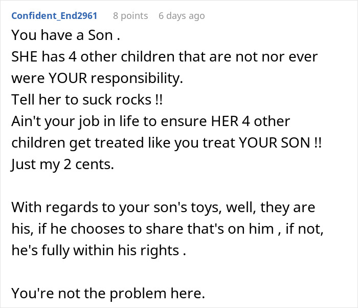 Comment text discussing a dad trying to protect his son's gift from his ex’s new family, drama ensues.