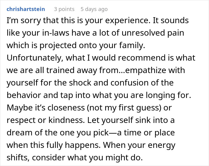 Comment text about MIL declaring evil moved into family after DIL’s premature birth and denial in family conflict context.