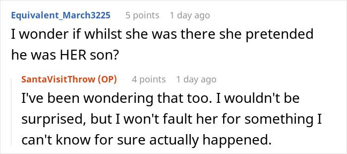Screenshot of an online discussion about a step-grandma sneaking a baby to Santa and losing babysitting privileges. Screenshot of an online discussion about a step-grandma sneaking a baby to Santa and losing babysitting privileges.