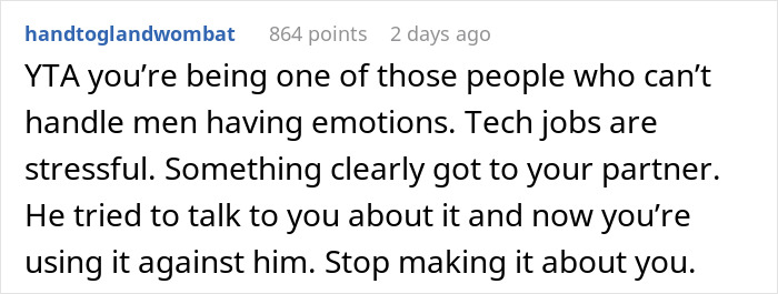 Comment discussing a boyfriend in tears over misogyny from a female colleague and a jealous girlfriend finding it uncomfortable. Comment discussing a boyfriend in tears over misogyny from a female colleague and a jealous girlfriend finding it uncomfortable.
