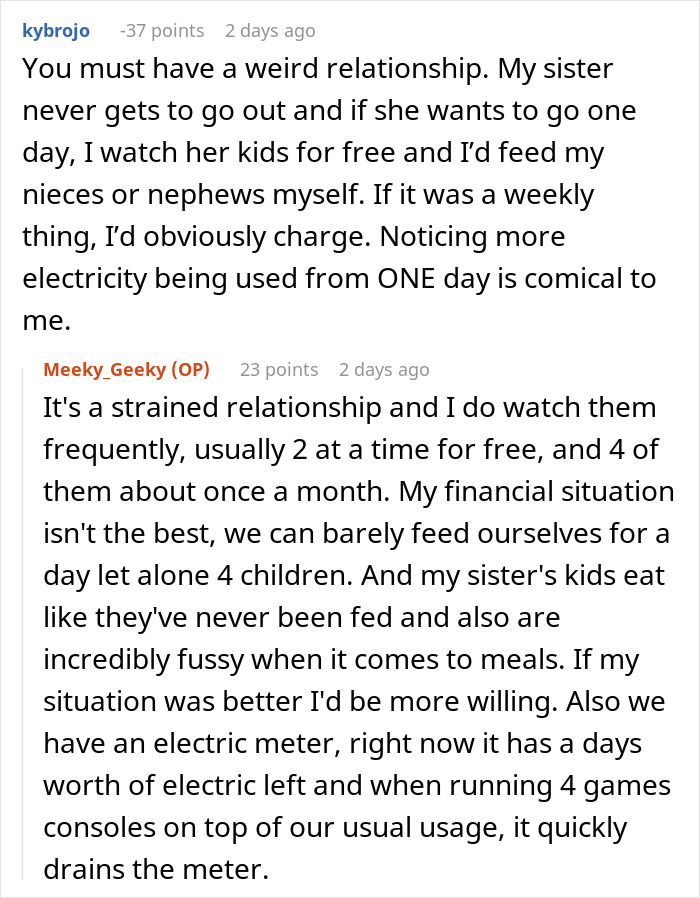 Reddit discussion about lady expecting sister to babysit 4 kids for free and using family card after charging £120. Reddit discussion about lady expecting sister to babysit 4 kids for free and using family card after charging £120.