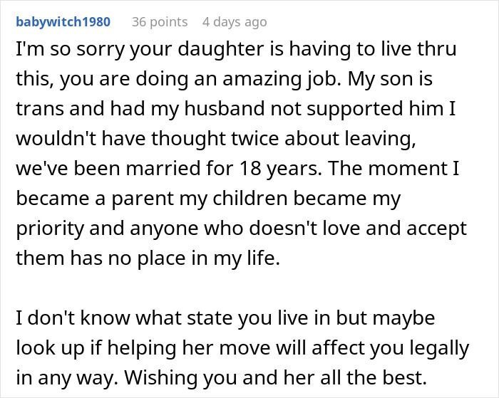 Comment expressing support for a trans child and discussing family acceptance amid transphobic challenges.
