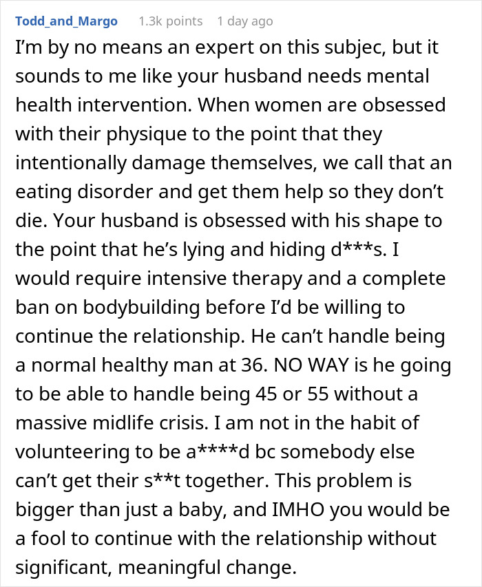 Comment discussing a husband's mental health issues and the impact on their future child's health after he hides the truth.
