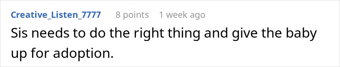 Comment text on a white background discussing a childfree woman refusing responsibility for her sister’s new baby.