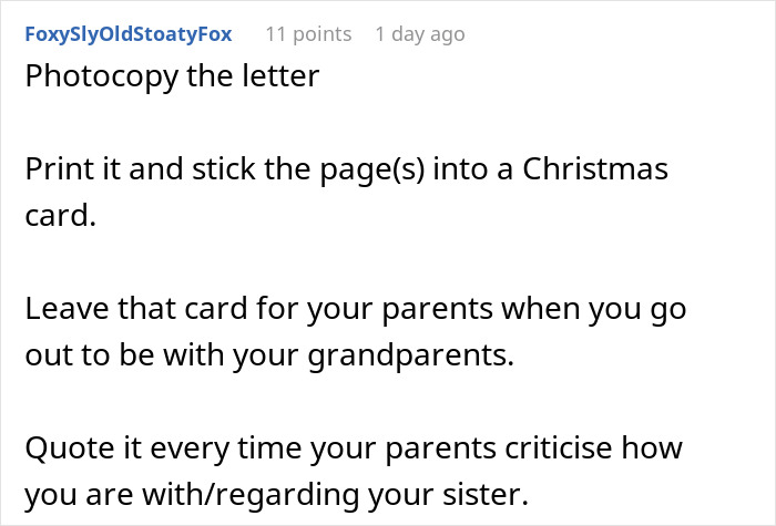 Text post with advice on handling family conflict by photocopying a letter, adding it to a Christmas card, and sharing it with parents. Text post with advice on handling family conflict by photocopying a letter, adding it to a Christmas card, and sharing it with parents.