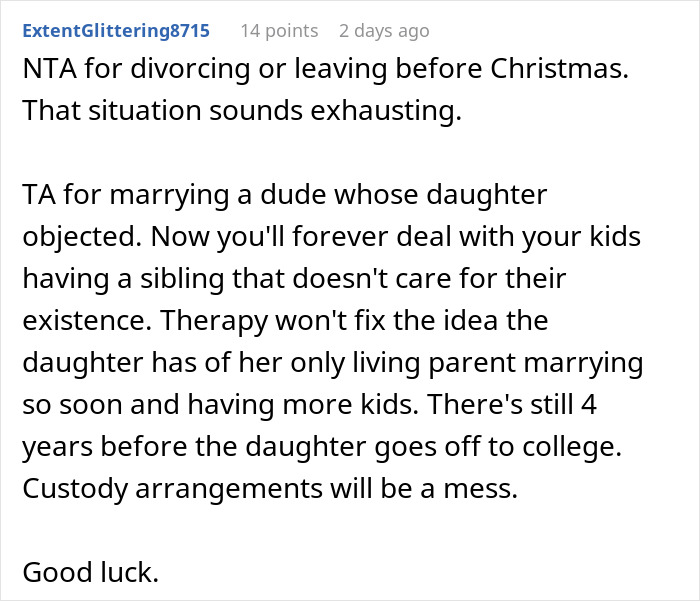 Comment discussing woman leaving husband due to stepdaughter’s behavior and negative in-laws’ comments after years of marriage. Comment discussing woman leaving husband due to stepdaughter’s behavior and negative in-laws’ comments after years of marriage.
