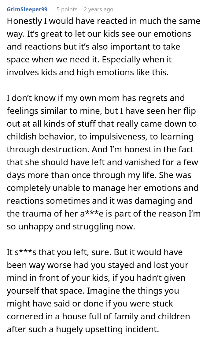 Comment discussing a mom&rsquo;s emotional struggles and the impact of running away from her kids during a traumatic Christmas event.