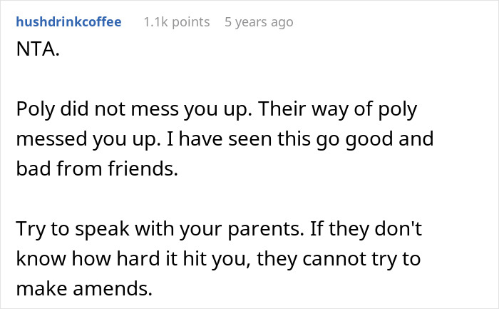 Screenshot of a Reddit comment discussing trauma caused by parents favoring polyamorous partners over their child.