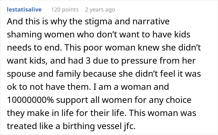 Comment discussing stigma and pressure on women around parenting choices, sharing support for women&rsquo;s autonomy.