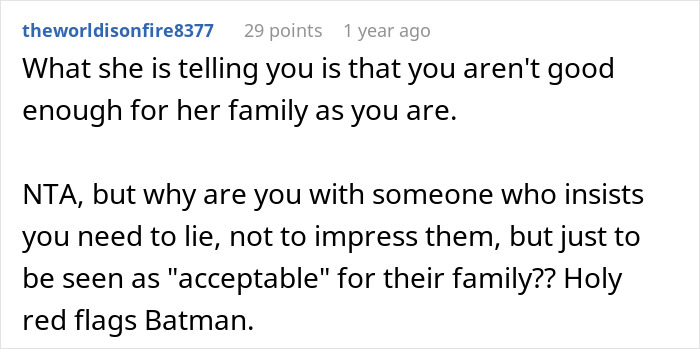 Screenshot of a Reddit comment discussing relationship doubts and pressure to lie about career from girlfriend’s family expectations.