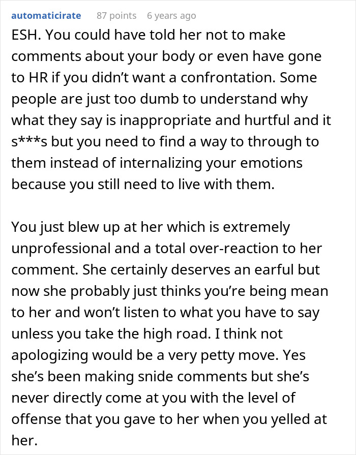 Text from an online forum where a woman expresses frustration with a coworker preaching body positivity while skinny-shaming.