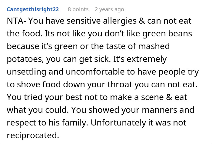 Comment discussing sensitive allergies making a woman a picky eater with husband&rsquo;s family at dinner.
