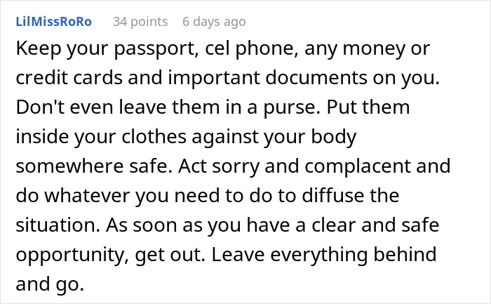 Text advice on being held hostage at parents’ place, suggesting keeping documents safe and waiting for a chance to escape. Text advice on being held hostage at parents’ place, suggesting keeping documents safe and waiting for a chance to escape.