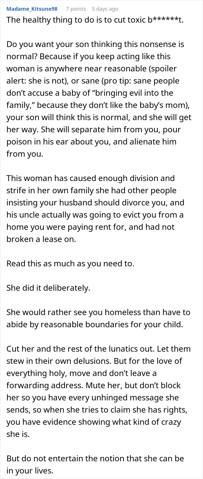 Comment discussing MIL declaring evil in family after DIL’s premature birth, emphasizing toxic behavior and family division.