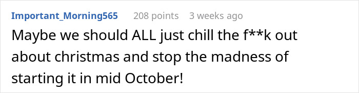 Comment criticizing adults claiming feminism while leaving holiday labor to moms, urging to stop Christmas madness. Comment criticizing adults claiming feminism while leaving holiday labor to moms, urging to stop Christmas madness.