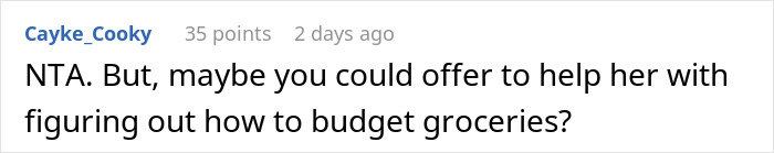 Comment suggesting to offer help with budgeting groceries in a discussion about mom accused of embarrassing son’s girlfriend. Comment suggesting to offer help with budgeting groceries in a discussion about mom accused of embarrassing son’s girlfriend.