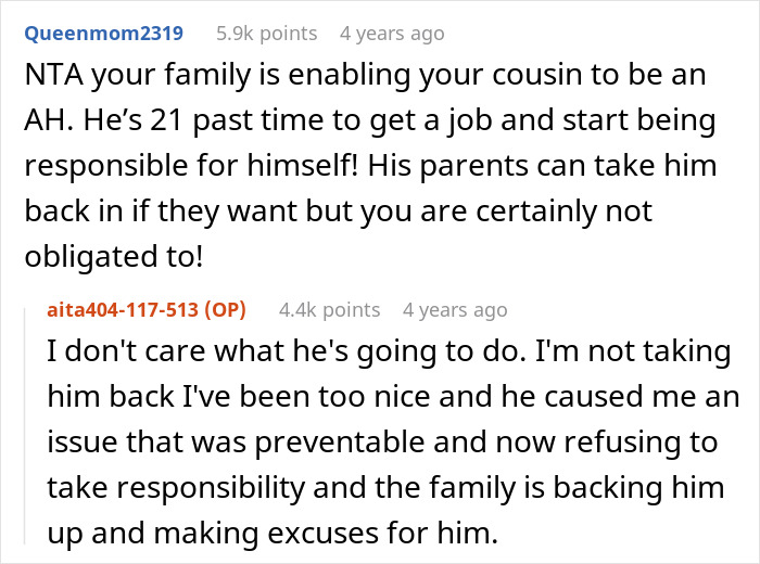 Reddit conversation discussing a man demanding his cousin pay for a cruel prank and family reactions.
